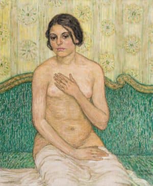 Akt einer jungen Frau auf grünem Sofa | 1911