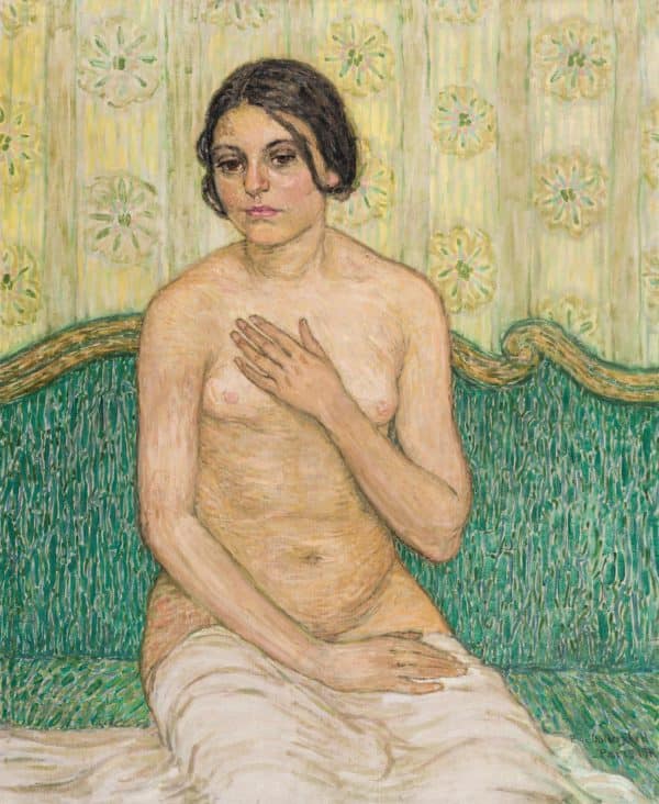 Akt einer jungen Frau auf grünem Sofa | 1911