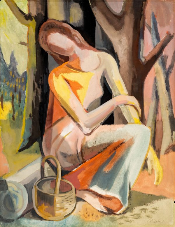 Frau auf Baumstamm sitzend | o. D.